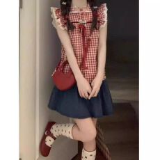 批发日系蕾丝花边蝴蝶结格子小飞袖衬衫<b class='q'>女</b>夏季2026<b class='q'>新款</b>宽松设计感上衣