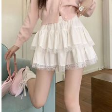 芭蕾风甜美蕾丝边拼接半身裙女春季2025新款高腰A字褶皱蛋糕短裙