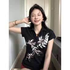 批发夏季轻亚文化黑色<b class='q'>翻领</b>短袖千禧风上衣