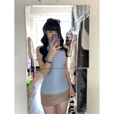 批发已出货 纯欲风半高领蓝色背心女<b class='q'>修身</b>无袖T恤上衣