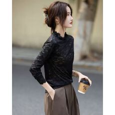 批发半高领木耳边<b class='q'>打底衫</b>秋季蕾丝提花薄透网纱上衣