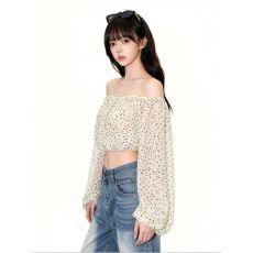批发雪纺双层法式一字肩碎花<b class='q'>长袖</b><b class='q'>衬衫</b>女春<b class='q'>衬衣</b>辣妹设计感露肩上衣