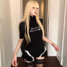 批发夏季新款暗黑两件套蕾丝花边黑色紧身低腰辣妹<b class='q'>短裤</b>+黑色修身T恤