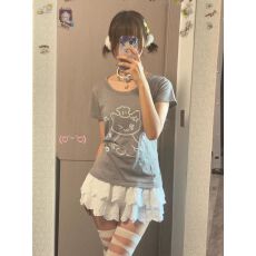 批发少女风灰色卡通印花短袖夏修身创意百搭显瘦正肩上衣