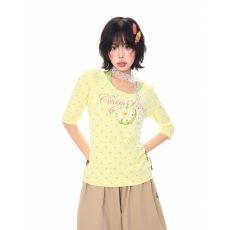 批发黄色波点苹果印花斜领<b class='q'>中袖</b> T 恤女夏季韩系甜妹风修身显瘦