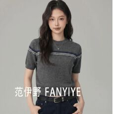批发经典低饱和条纹圆领正肩修身针织短袖T恤设计感上衣