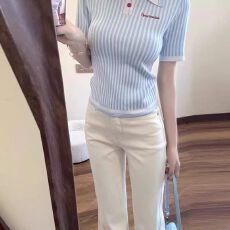 批发穿搭Polo领条纹兰色正肩短袖<b class='q'>针织衫</b>女夏新款外穿修身百搭上衣