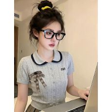 批发学院风纯欲辣妹娃娃领针织<b class='q'>开衫</b>女短袖独特复古上衣设计感