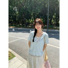 批发韩版撞色条纹假两件连帽<b class='q'>短袖</b>夏