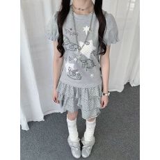 批发韩系手绘<b class='q'>木马</b>印花泡泡短袖T恤女木耳边收袖口甜美软妹修身<b class='q'>小</b>上衣