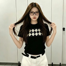 批发已出货 美式复古菱格印花<b class='q'>短袖</b><b class='q'>针织</b>衫