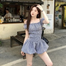 批发已出货 法式复古黑白格纹一字肩<b class='q'>连体</b><b class='q'>裤</b>女夏