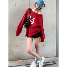 批发已出货 新款红色正反两穿字母印花<b class='q'>长袖</b><b class='q'>T</b><b class='q'>恤</b>女慵懒感