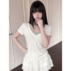 批发美式慵懒风V领韩系叠穿小衫短袖两件套夏季上衣