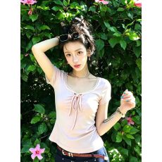 批发已出货 粉色蝴蝶结短袖夏季女夏纯欲甜上衣
