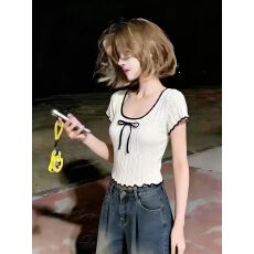 批发已出货 撞色U领蝴蝶结短袖针织衫女夏季新款<b class='q'>甜美</b>显瘦减龄上衣