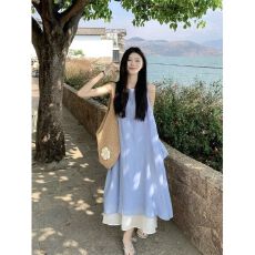 批发简约风时尚百搭纯色<b class='q'>提花</b>肌理感法式气质收腰显瘦背心长款<b class='q'>连衣裙</b>