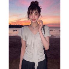 批发已出货 法式荷叶边飘带灰色<b class='q'>V领</b>正肩T恤女夏季修身收腰上衣