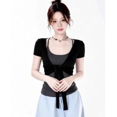 批发已出货 绑带短袖开衫吊带两件套女夏外搭修身短款披肩小上衣