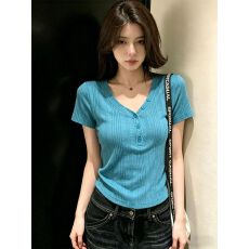 批发已出货  韩系湖蓝色<b class='q'>v领</b>正肩短袖t恤女夏季穿搭修身显瘦上衣潮