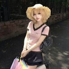 批发已出货 不退换韩系波点假两件拼接<b class='q'>V领</b>正肩短袖T恤