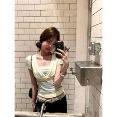 批发甜美扭结短袖 T 恤女灰<b class='q'>条纹</b>方领假两件拼接修身短款纯欲紧身上衣