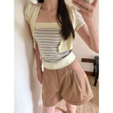 批发法式扭结短袖T恤女灰<b class='q'>条纹</b>方领假两件拼接修身短款纯欲紧身上衣