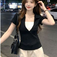 批发甜美风日常假两件短袖T恤<b class='q'>女</b>2026夏季翻领<b class='q'>修身</b>纽扣上衣