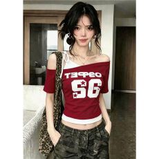 批发美式辣妹修身斜肩假两件撞色<b class='q'>t</b><b class='q'>恤</b>女美式露肩短袖上衣