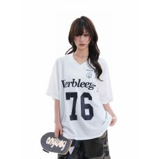 批发V 领数字字母印花短袖 <b class='q'>T</b> <b class='q'>恤</b>女宽松美式复古运动风球衣上衣