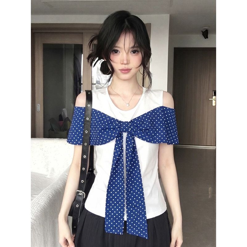 BY30266# 通勤风藏蓝波点假两件t恤夏辣妹露肩高级感显瘦上衣 服裝批發女裝批發服飾貨源