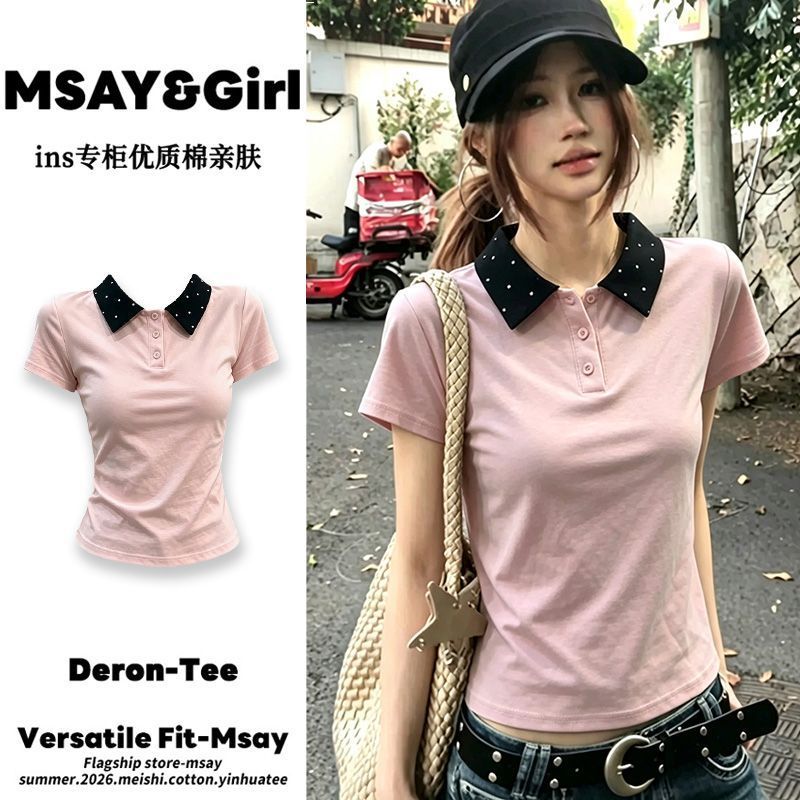 BY30265# 甜美风设计感波点拼接polo衫短袖T恤女新上衣 服裝批發女裝批發服飾貨源