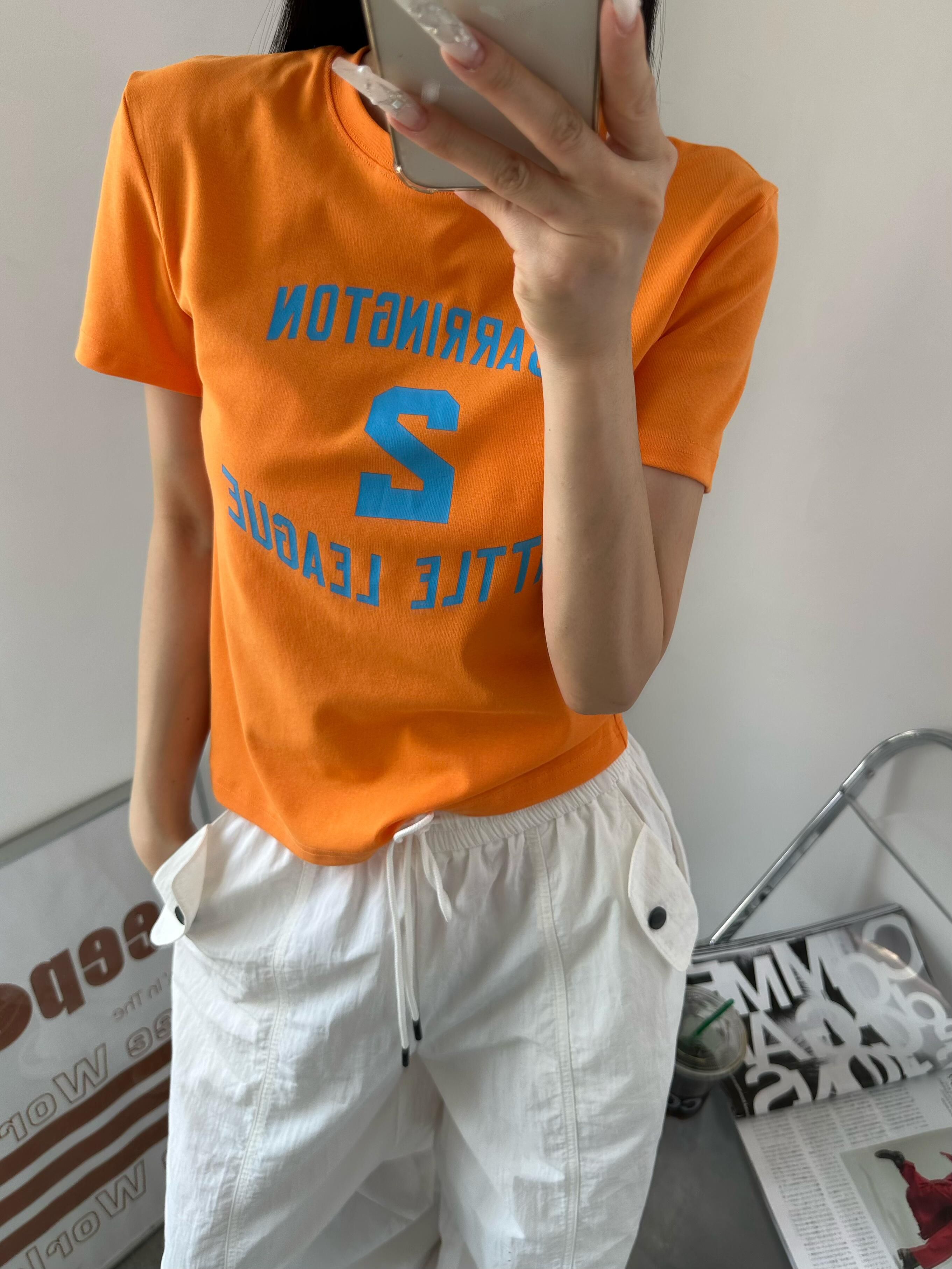 BY30262# 夏季新款辣妹风桔色修身显瘦正肩短袖t恤女夏印花 服裝批發女裝批發服飾貨源