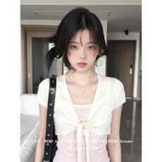 批发韩系叠穿绑带短袖<b class='q'>开衫</b>女两件套夏季新款辣妹设计感上衣