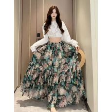 批发韩版纯欲风时尚套装女白色上衣巨好看的两件套<b class='q'>春</b>季新款印花半身裙