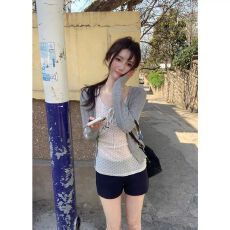 批发韩系波点微透外搭<b class='q'>长袖</b>防晒t恤女夏季修身纯欲辣妹罩衫上衣