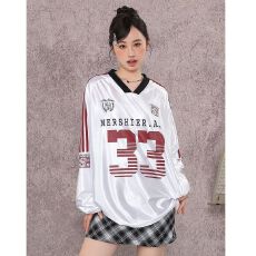 批发加厚色丁缎面 做工美式复古V领拼接字母长袖<b class='q'>T</b><b class='q'>恤</b>情侣男女秋 优雅
