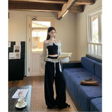 批发波点拼接芭蕾风一字肩抹胸衬衫辣妹阔腿<b class='q'>裤</b><b class='q'>秋季</b>套<b class='q'>装</b>女 <b class='q'>新款</b>上市