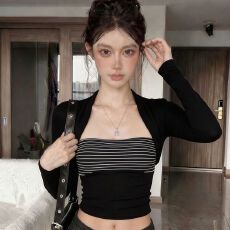 批发人棉260克 秋冬<b class='q'>条纹</b><b class='q'>打底衫</b>内搭假两件长袖T恤女短上衣 初秋上新