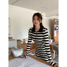 秋季新款半拉链短袖连衣裙女T恤裙减龄条纹修身中长撞色长裙
