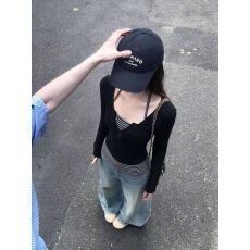批发韩系挂脖假两件<b class='q'>条纹</b>长袖t恤女秋冬V领<b class='q'>打底衫</b> 早秋新款 法式 优雅