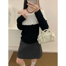 批发温柔风一字肩荷叶边针织女露肩修身<b class='q'>打底衫</b>韩系秋上衣 上新款
