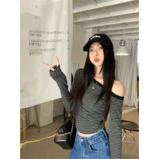 已出货 色织条 斜领露肩条纹长袖辣妹修身显瘦上衣 2026秋季新款