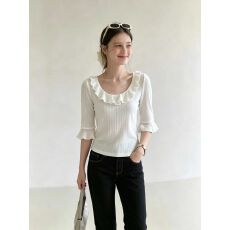 批发纯欲时尚百搭露背荷叶边针织<b class='q'>T</b><b class='q'>恤</b>女夏季新款小衫五分<b class='q'>袖</b>外搭上衣潮