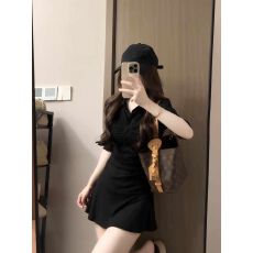 批发网红风收腰褶皱短款<b class='q'>连衣裙</b>女夏季美式运动风polo领收腰减龄伞裙