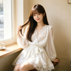 批发淡颜纯欲风白色蕾丝花边V领雪纺<b class='q'>连衣裙</b>女2026新款绑带收腰仙女裙