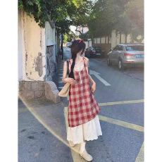 批发超好看显瘦假两件红格纹吊带裙女夏宽松小个子连衣裙 初秋上新