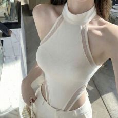 批发人棉拼接网纱带胸垫 无袖挂脖吊带背心<b class='q'>夏季</b>网纱修身连体衣 优雅