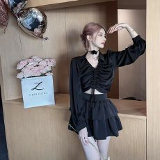批发抽绳<b class='q'>衬衫</b>女春秋法式v领气质<b class='q'>长袖</b><b class='q'>衬衣</b>设计感小众短款上衣 上新款