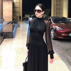 批发法式优雅黑色网纱长袖<b class='q'>连衣裙</b>女收腰修身显瘦立领长裙高级感气质